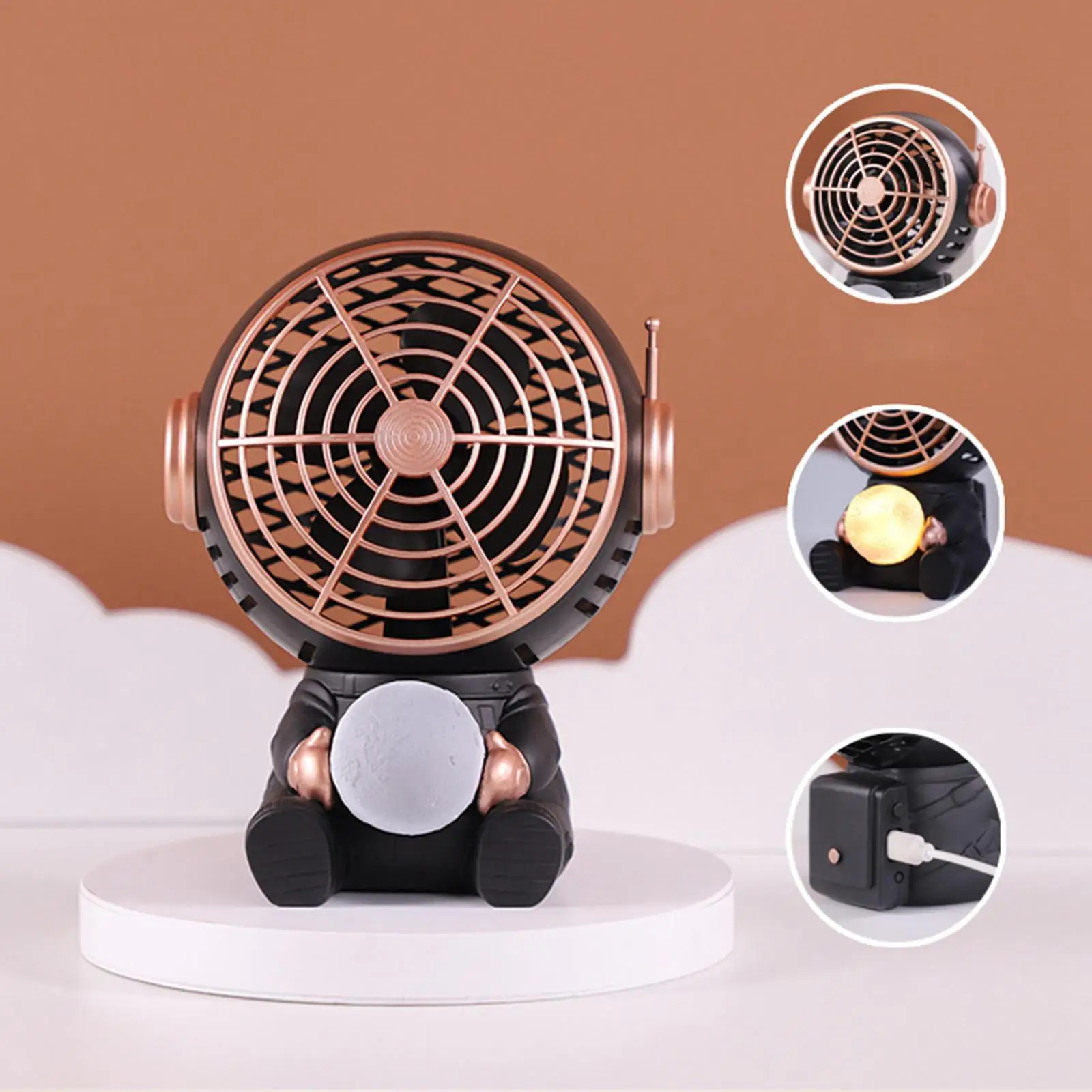 

Mini Desktop Fan Space Astronaut Night Light USB Charging 3 Speed Cooling Fan 4 Blade Quiet for Living Room Bedroom Study Travel