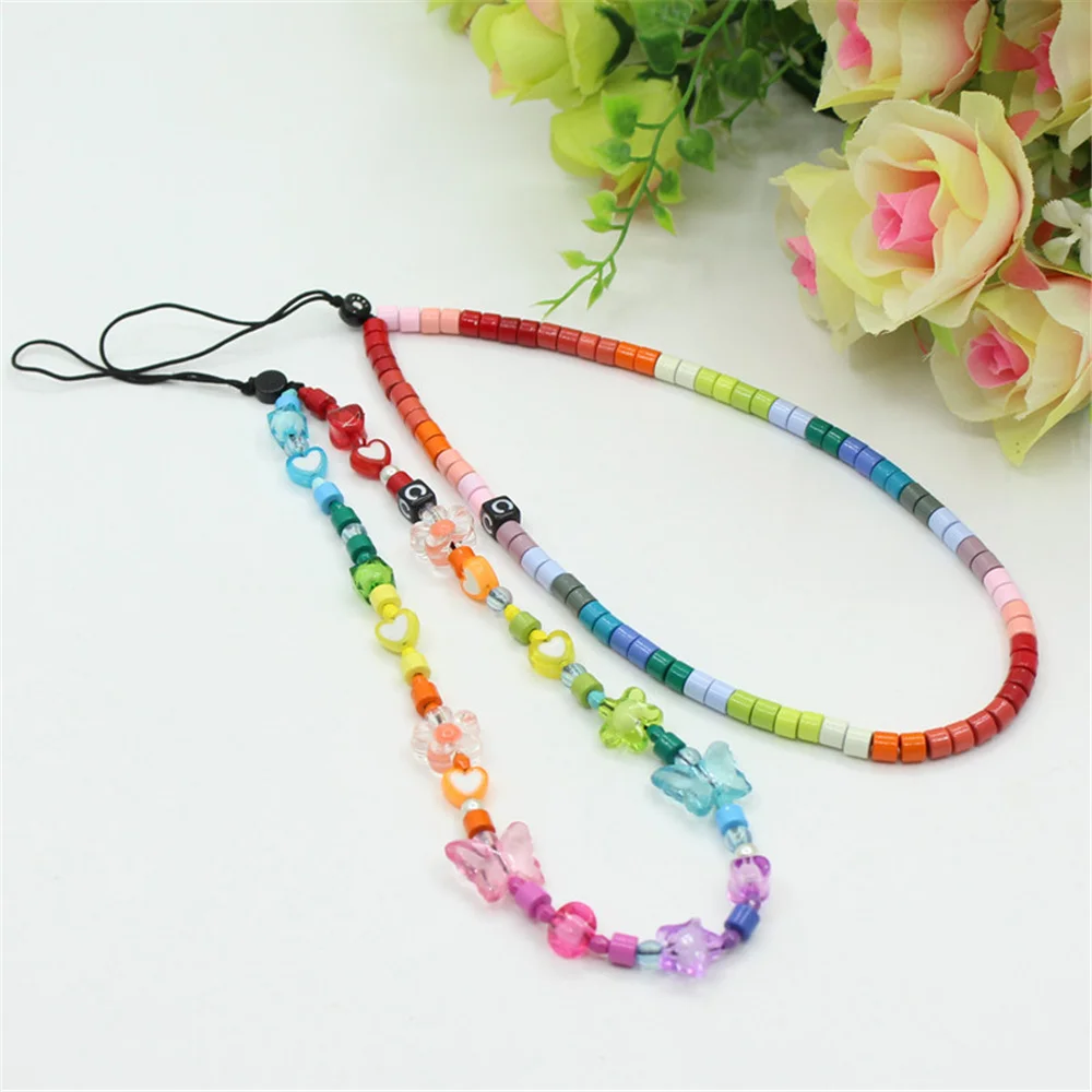 Boho Keychain Alloy Rainbow Gradient Enamel Phone Anti-Lost Bracelet For Girls DIY Phone Choker Necklace Strap Lanyard Lady Gift