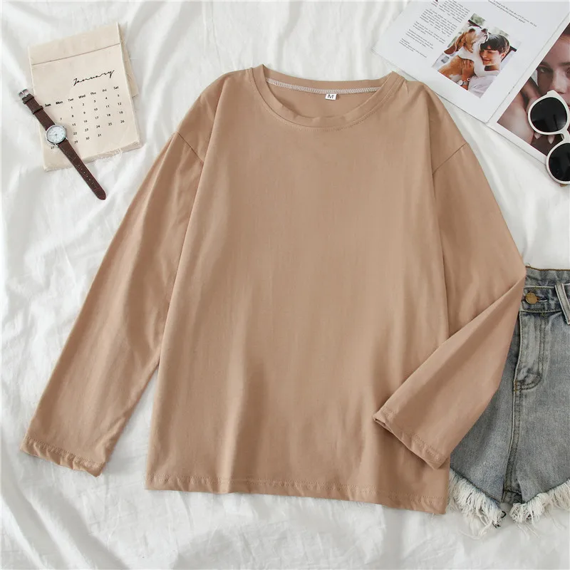 

Tops Women Spring Solid Basic Long Sleeve Thin T Shirts Female O Neck Loose All-Match Casual Fashion Korean T-Shirt Tees Femme