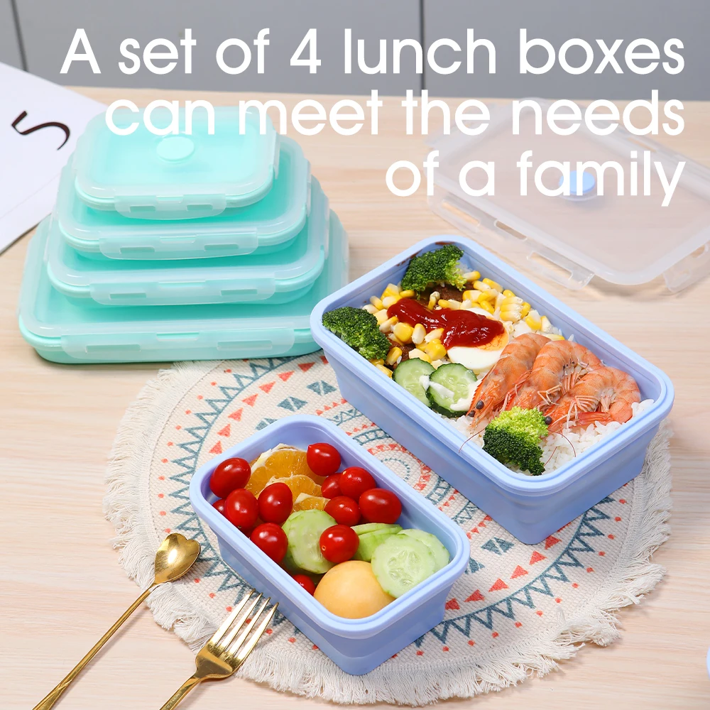 

Silicone Foldable Lunch Box Collapsible Food Storage Container Bento BPA Free Microwavable Portable Picnic Rectangle Box 4Pcs