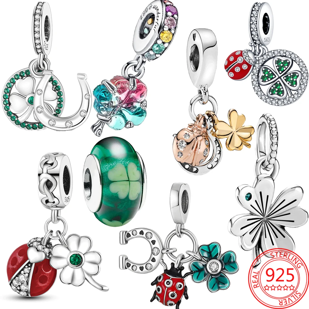 Lucky Four Leaf Clover Dangle Charm S925 Silver Horseshoe and Ladybird Pendant Fit Brand Moment Bracelet Women Jewelry Gift