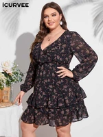 icurvee bohemian floral printed mini dress sexy deep v neck plus size tiered ruffled long sleeve party vestidos 2022 summer robe