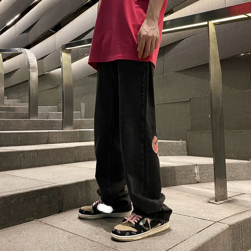 Men's Traf High Street Printed Black Slim Jeans Y2K Clothes Streetwear Straight Pants Wide Leg Jeans Hip-hop Trousers For Men