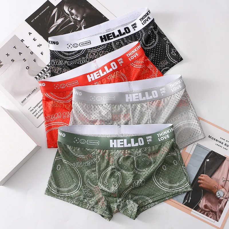 NEW Men Ice Silk Boxers Mesh Panties Fashion Summer Cool Man Underwear Breathable Male Sports BoxerShorts Underpants 4pcs