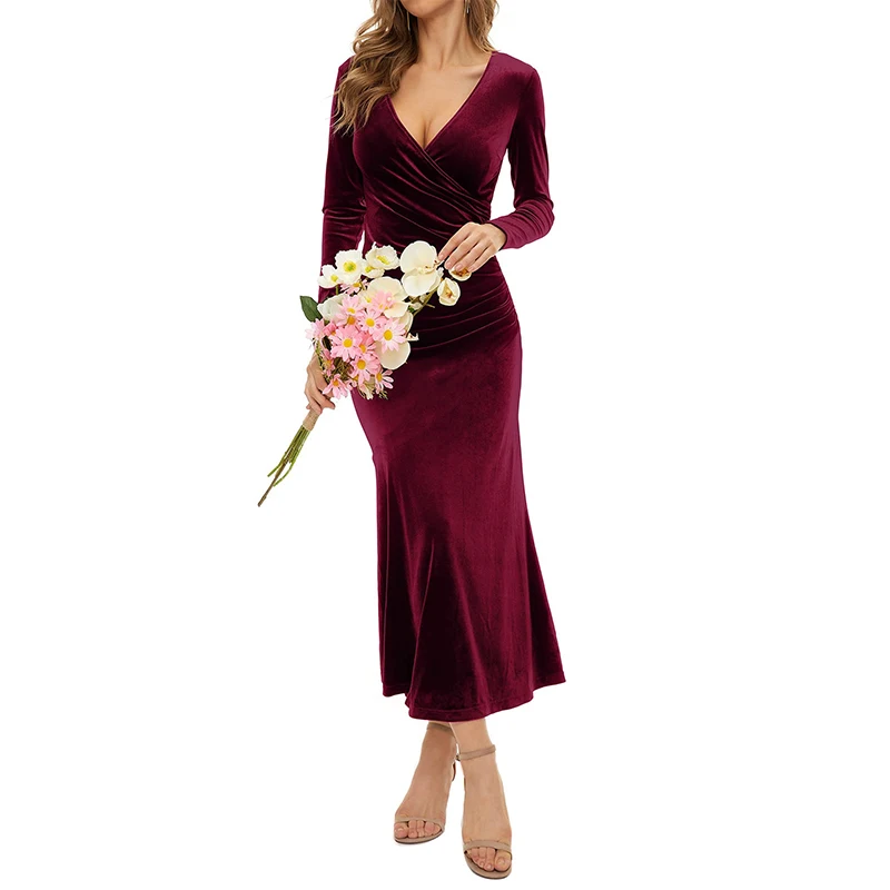 

WJFZQM Deep V Neck Women Wrap Bodycon Long Sleeves Elegant Mermaid Velvet Cocktail Dresses Evening Party Pleated Sexy Dress 2022