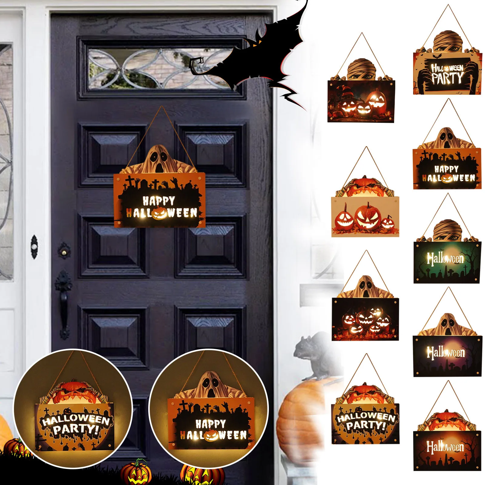 

Halloween Hanging LED Decoration Pumpkin Ghost Wall Signs Hanging Ornaments Wooden Door Hanging Horror Props Kids Gift Ornaments