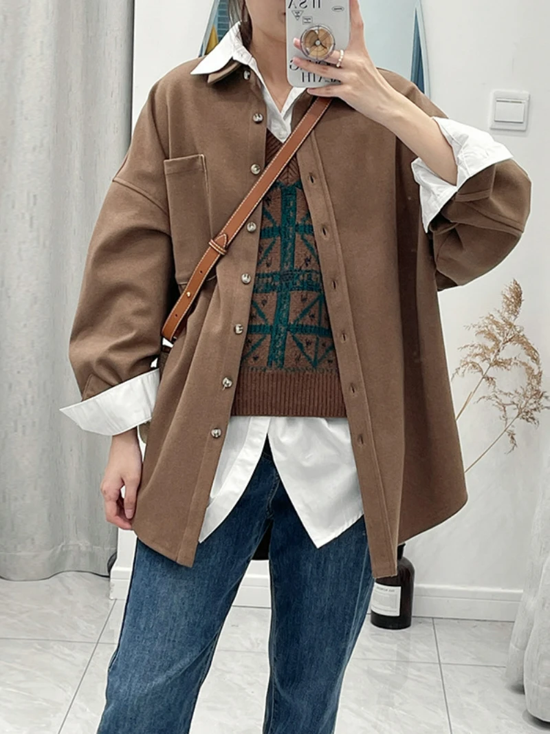 Autumn and winter new woolen coat temperament mid-length coat loose casual shirt coat