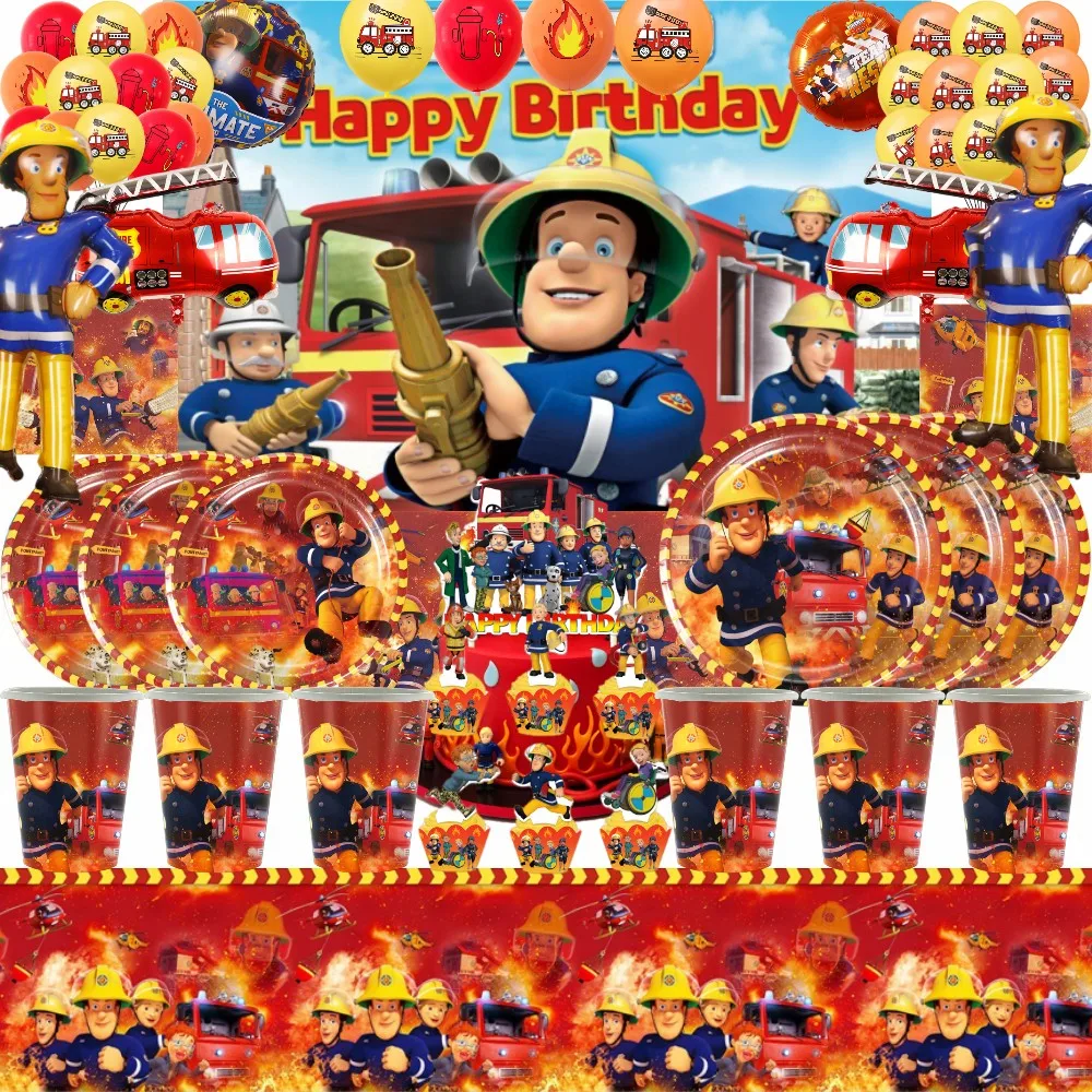 Fireman Sam Birthday Party Decoration Fire Truck Balloons Paper Tableware Backdrops Baby Shower Kids Firefighter Party Supplies