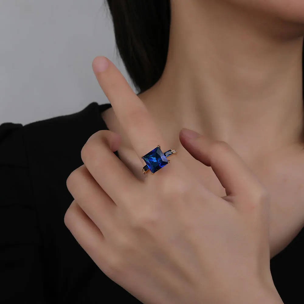 

Tanzanite Adjustable Ring 10MM Princess Cut S925 Silver Opening Rings for Women Cubic Zirconia CZ Anillos Mujer Jewelry Gift