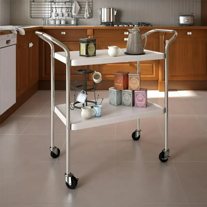 

Stylaire 2 Tier Serving Cart, White & Silver Table Kitchen Cart Home Kitchen Furniture