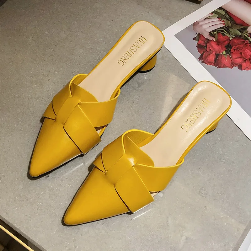

New Summer 2021 Fashion Thick Lazy Heels Slippers Women Hollow Out PU Leather Shoes for Women Casual Pumps Female