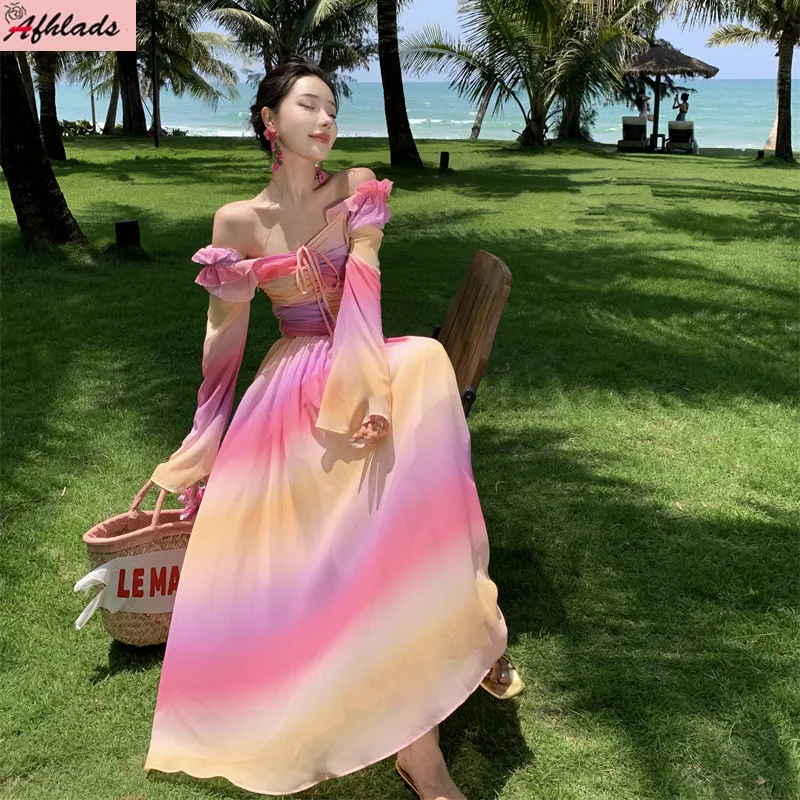 

Женская летняя пляжная одежда с градиентным переходом контрастных цветов с длинным рукавом и открытыми плечами на шнуровке с высокой талией для отдыха