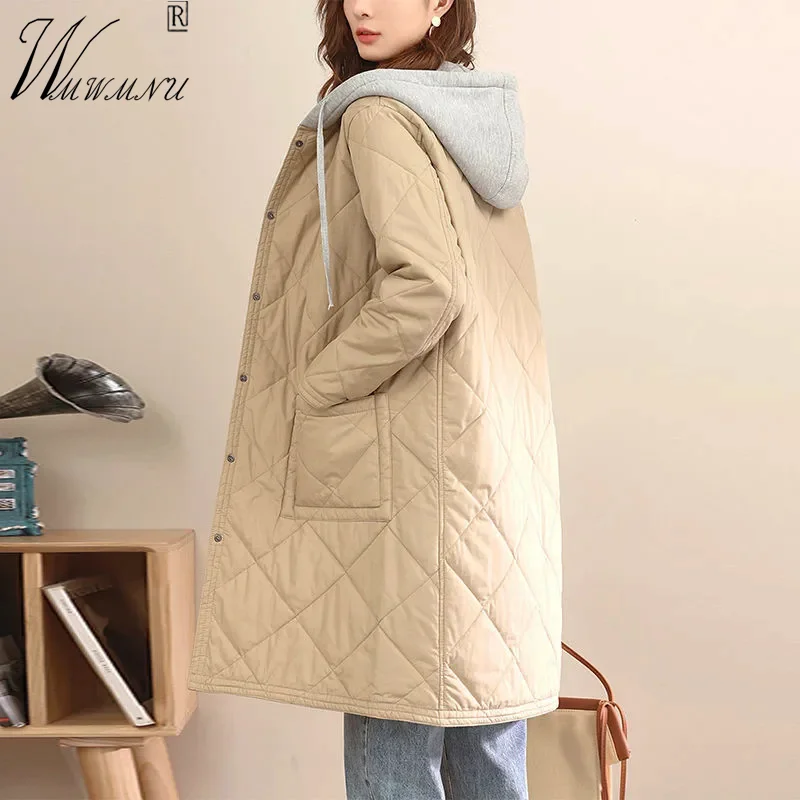Casual Patchwork Hooded Women's Parkas Korean Fashion Argyle Single-Breasted Winter Coat Loose Pocket Mid Length Quilted Jacket