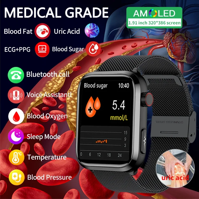 

2024 New ECG+PPG Medical Grade Smart Watch Blood Sugar Blood Lipid Uric Acid Body Temperature Bluetooth Call Health Smartwatch