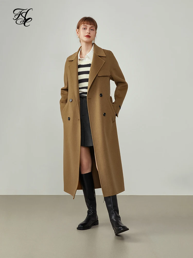 

FSLE Women's Mid-length Double-faced Woolen Coat Temperament Suit Collar Design Women Winter Light Tan Slim Cashmere Coats