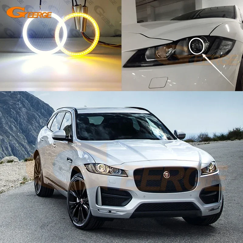 Фото Для JAGUAR F-PACE X761 2015-2018: Комплект сверхъярких светодиодных кольцевых фар (ангельские глазки) с функцией дневных ходовых огней (DRL) и поворотников (SMD LED) с изменением цвета (Switchback) №1