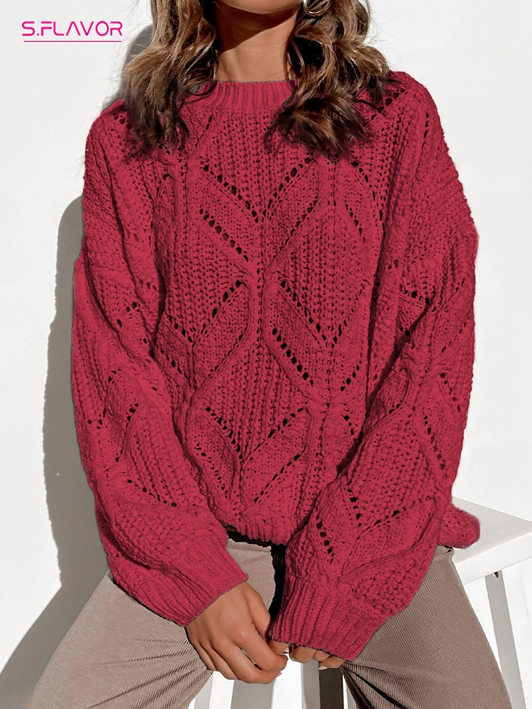 

S,FLAVOR 2022 Autumn Winter Batwing Long Sleeve Casual Sweater Elegant Hollow Out Knitted Pullover Sweater Loose Jumper Clothes