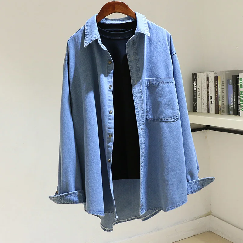 

Куртка светильник ская джинсовая средней длины, винтажная свободная ковбойская верхняя одежда из денима с большими карманами и длинными ру...