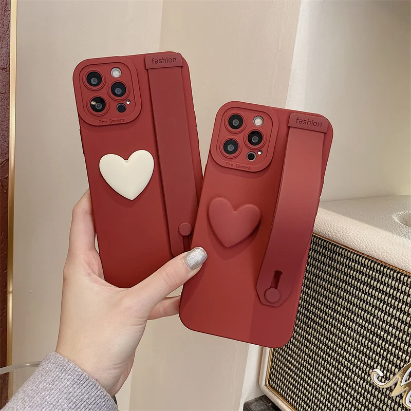 

3D Love Red Color Camera Protect Wrist Strap Phone Holder Case for Xiaomi Mi 11T 11 Lite 12 10 Redmi 9T 9A 9 10 Note 10 9 9S 8 7
