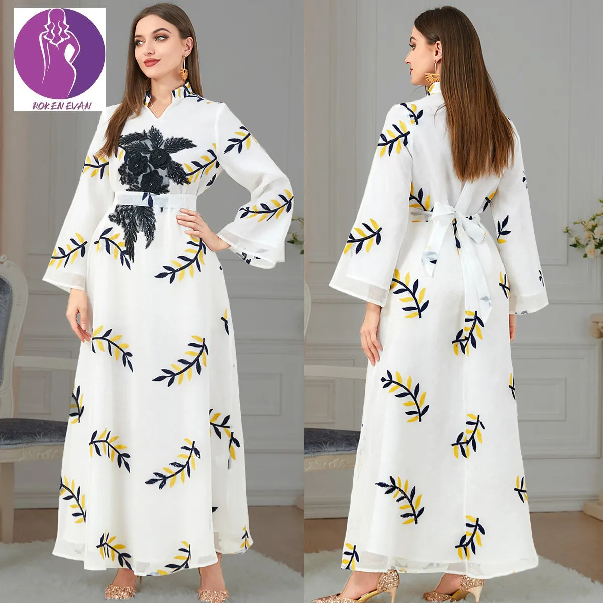 ROKEN EVAN 2022 Autumn Muslim Arabic Dress Long Dress Wedding Abaya Dress Maxi Dress White Kaftan Marocain Dubai Fashion