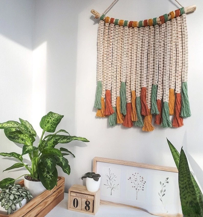 

Bohemian Style Hand-woven Natural Branches Colorful Cotton Rope Tassel Tapestry Nordic Home Decoration Background Wall Tapestry