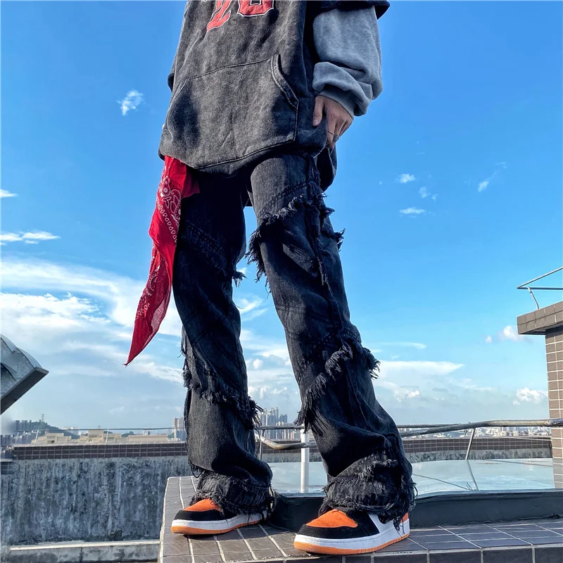 

Distressed Raw Edges Wide Leg Vintage Streetwear Black Flare Pant Jean Hip Hop Tassel Fake Wash Destroyed Flared Jeans Men