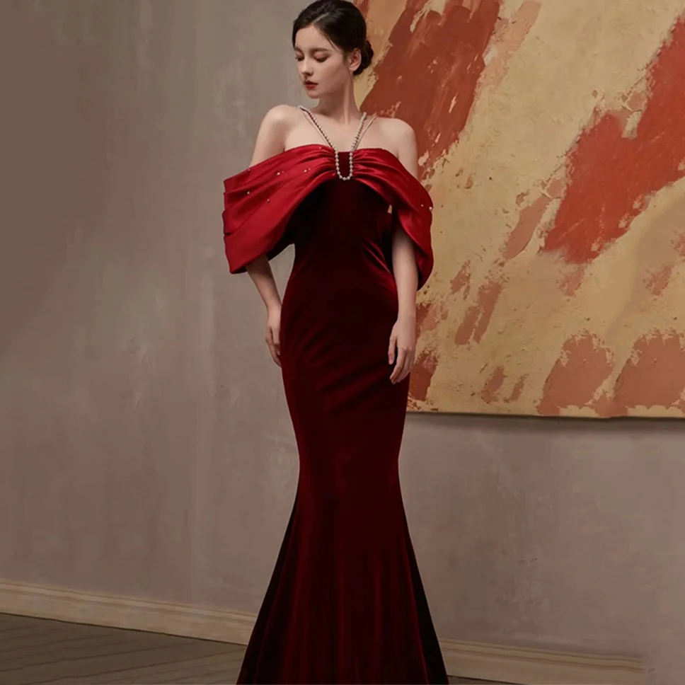 2023 New High End Luxury Wine Red Sexy Backless Evening Long Dress Off The Shoulder Mermaid Bowknot Party Prom Dresses