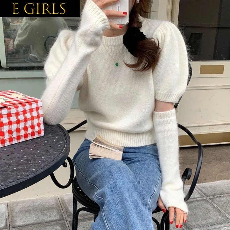 

E GIRLS 2023 Autumn Winter New Puff Sleeve Knitted Sweater Women with Oversleeve Two-piece Set Korean Style Elegant Vintage Pull