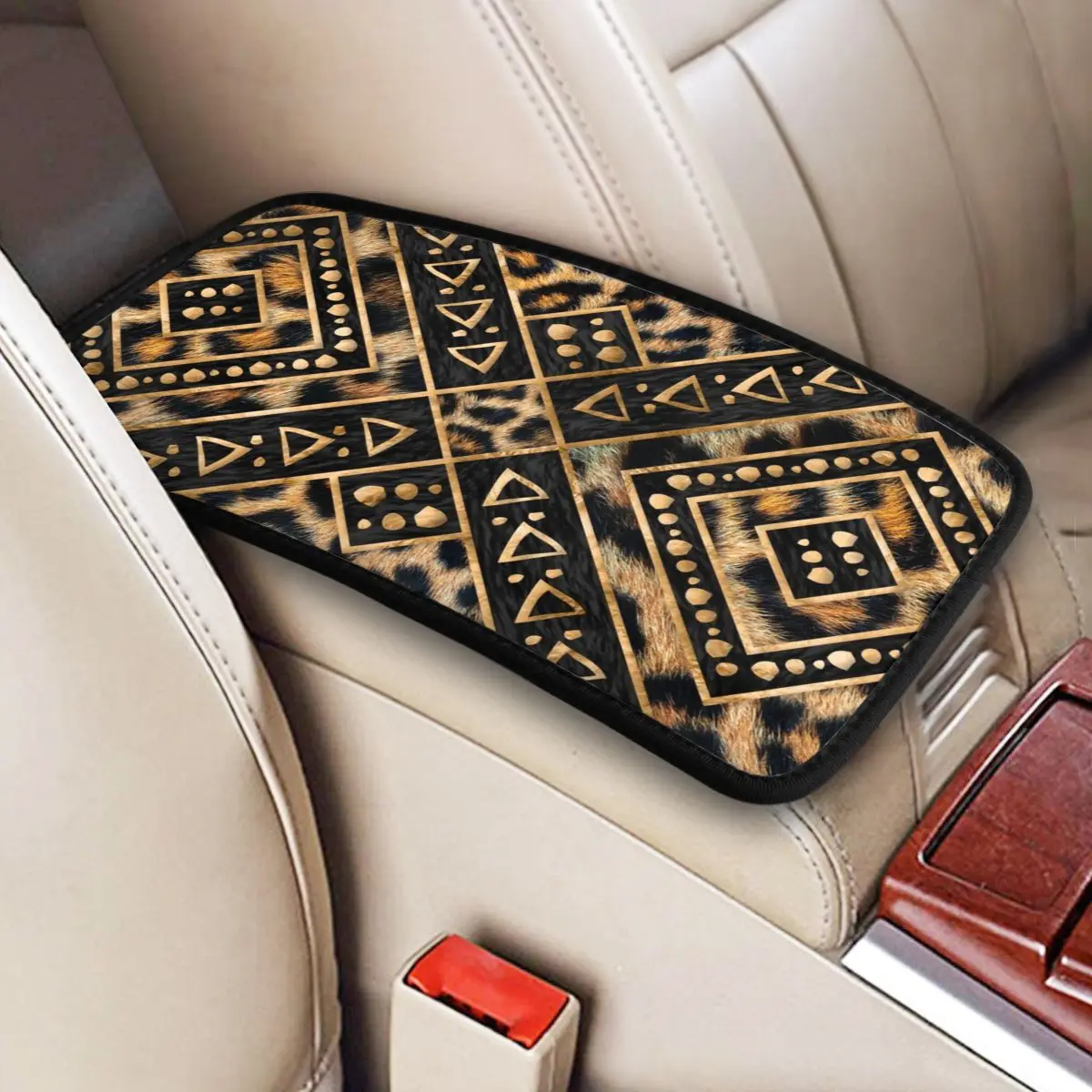 

Leopard Fur Ethnic Tribal Geometric Car Armrest Cover Leather Texture Center Console Pad Car Interior Accessories Cushion Pad