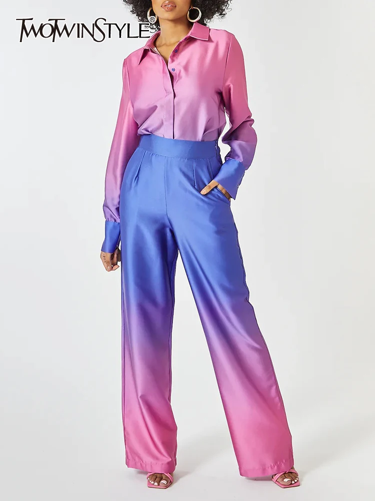 

TWOTWINSTYLE Casual Gradient Two Piece Sets For Women Lapel Long Sleeve Blouse High Waist Straight Pant Chic Set Female Clothing