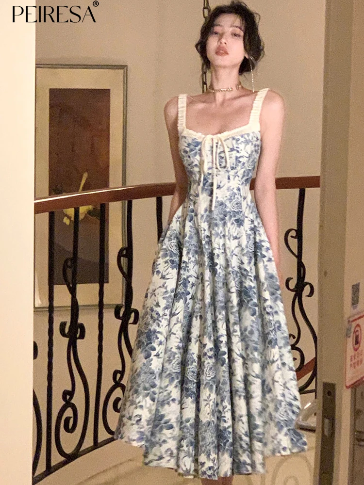 

PEIRESA Spaghetti Strap Floral Print Summer Dress For Women Color Block Lace Up Sleeveless Slim Waist A Line Midi Dresses Robes