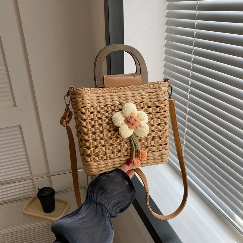 

Соломенные сумки, летние женские сумки-тоуты на шнурке, Дизайнерские Сумочки, сумка с застежкой и деревянными ручками, пляжная сумка через плечо