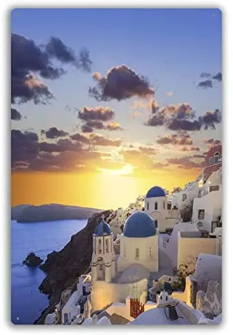 

Vintage Retro Metal Wall Decor Santorini Sunset at Village Oia On Greece