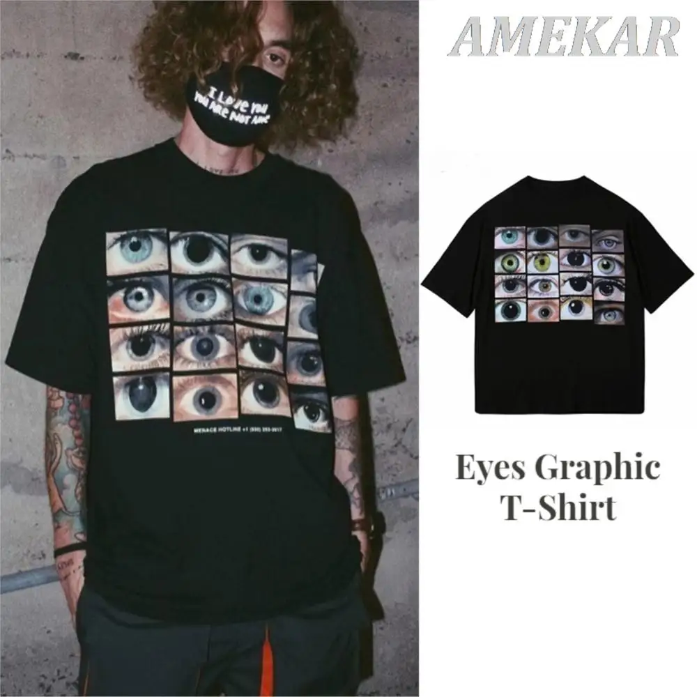 

Мужская футболка в стиле хип-хоп с принтом глаза и мир, уличная одежда в стиле Харадзюку, хлопковая Повседневная футболка, летние топы с коротким рукавом, черная футболка, 2023