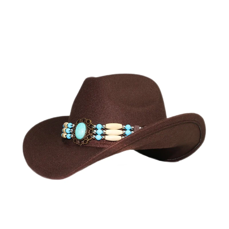 

Retro Women Men /Kid Child Wool Wide Brim Cowboy Western Hat Cowgirl Bowler Cap Turquoise Beads Knitted Band (54-57-61cm)