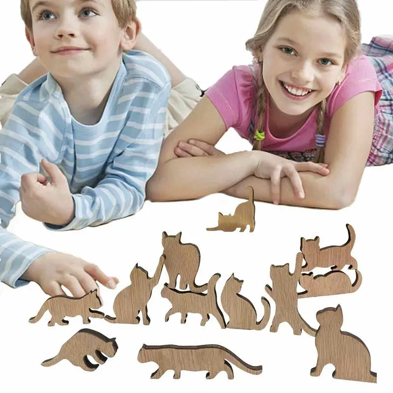 

Mini Wooden Dolls Cats Doll Desktop Balance Stacking Game Toy 12 Different Shapes Block For Parents Children Interaction
