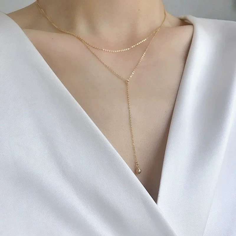 

Europe and The United States Fashion Stacked Wear Gold-plated Collarbone Chain Female Double Simple Handmade Round Bead Necklace