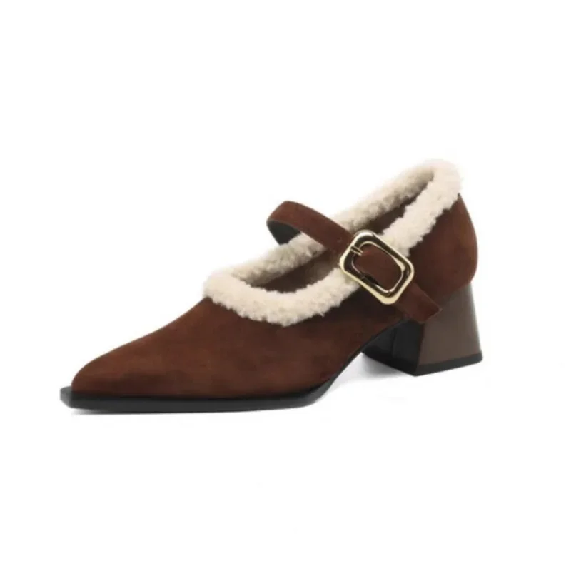 2024 Hot Sale Ladies Shoes Mary Janes Women's High Heels Warm Dress Pumps Women Pointed Toe Med Heel Buckle Strap