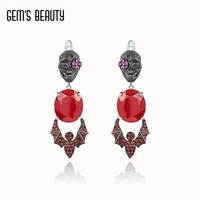 gems beauty 925 sterling silver earrings 2021 trend human skeleton bat oval natural red agate handmade earrings for women