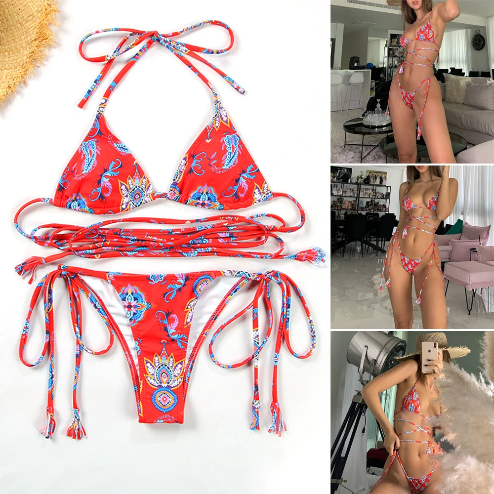 

Модный женский купальник с принтом из двух предметов, сексуальное бикини с завязками и открытой спиной, летний купальник, одежда для загара,...
