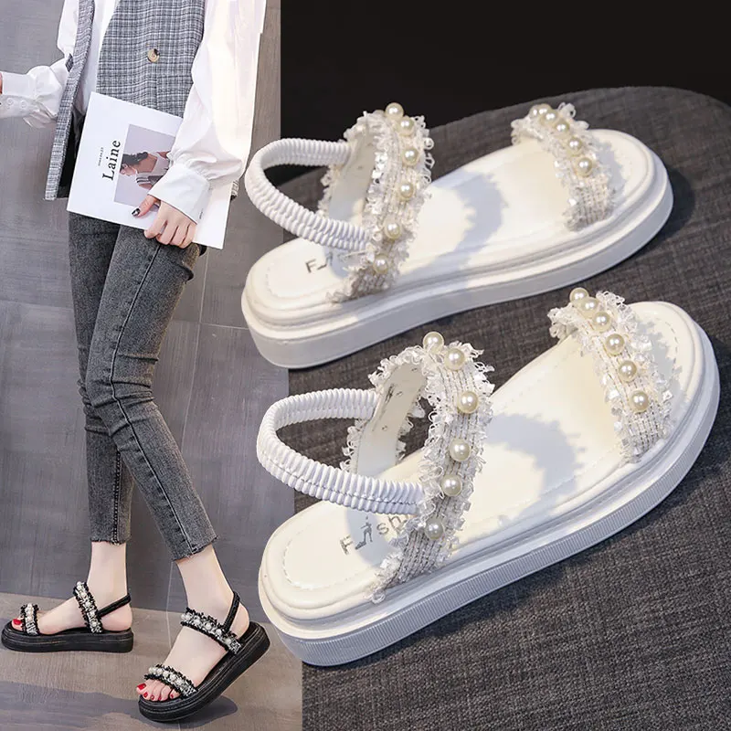 

Med Comfort Shoes for Women Female Sandal Clogs With Heel 2022 Summer Muffins shoe Medium Girls Thick Beige Pearl New Fashion Sp