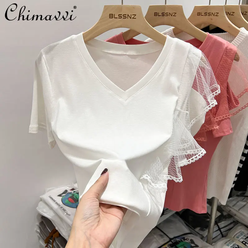 

European White V-neck T-shirt Women's Short-Sleeved 2022 Summer New Fashion Mesh Lace Chic Off-Shoulder Top Women Tshirts