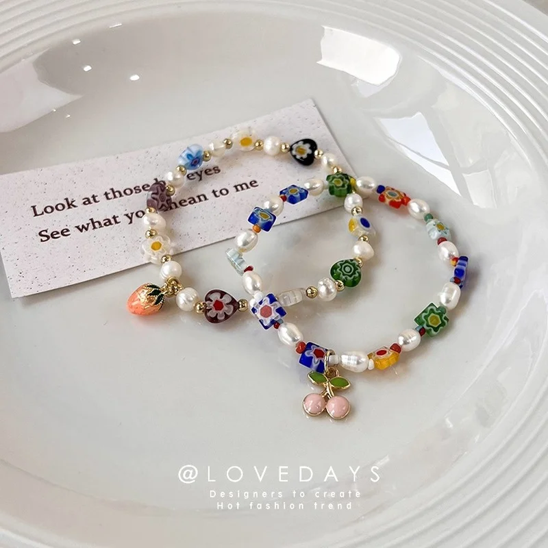 

Minar 2022 Summer Freshwater Pearl Beaded Bracelet for Women Colorful Glass Flowers Strawberry Cherry Charm Bracelets Jewelry