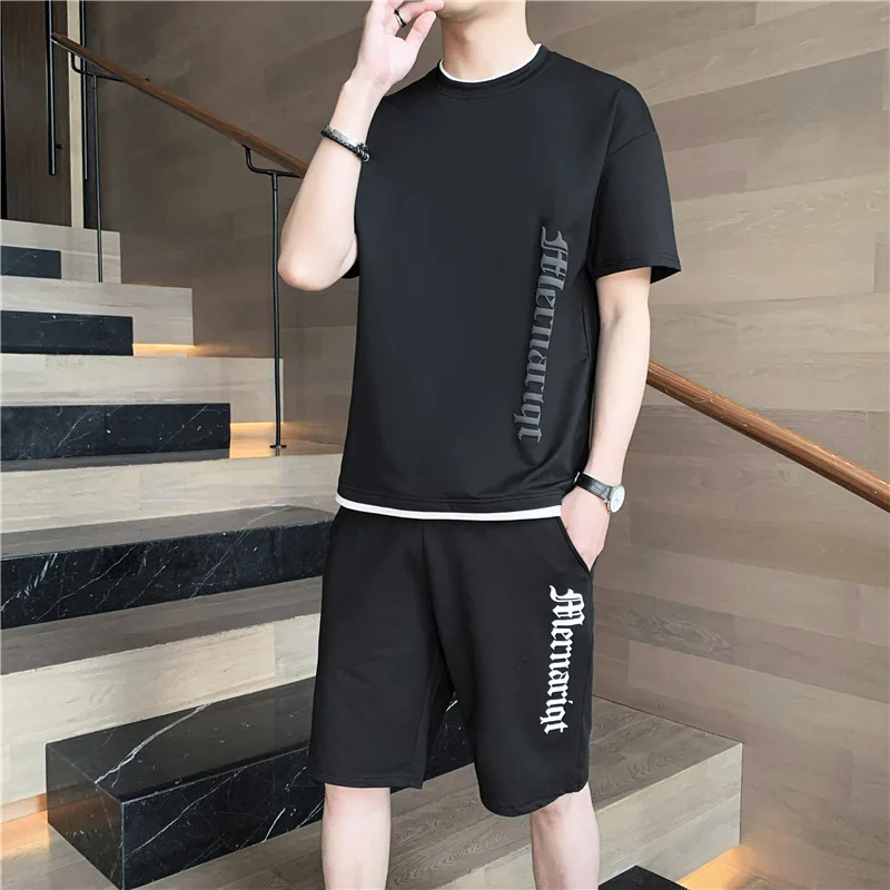 

Trendy men's full set of leisure sportswear set ruffian handsome summer men's short sleeved shorts two-piece suit for men