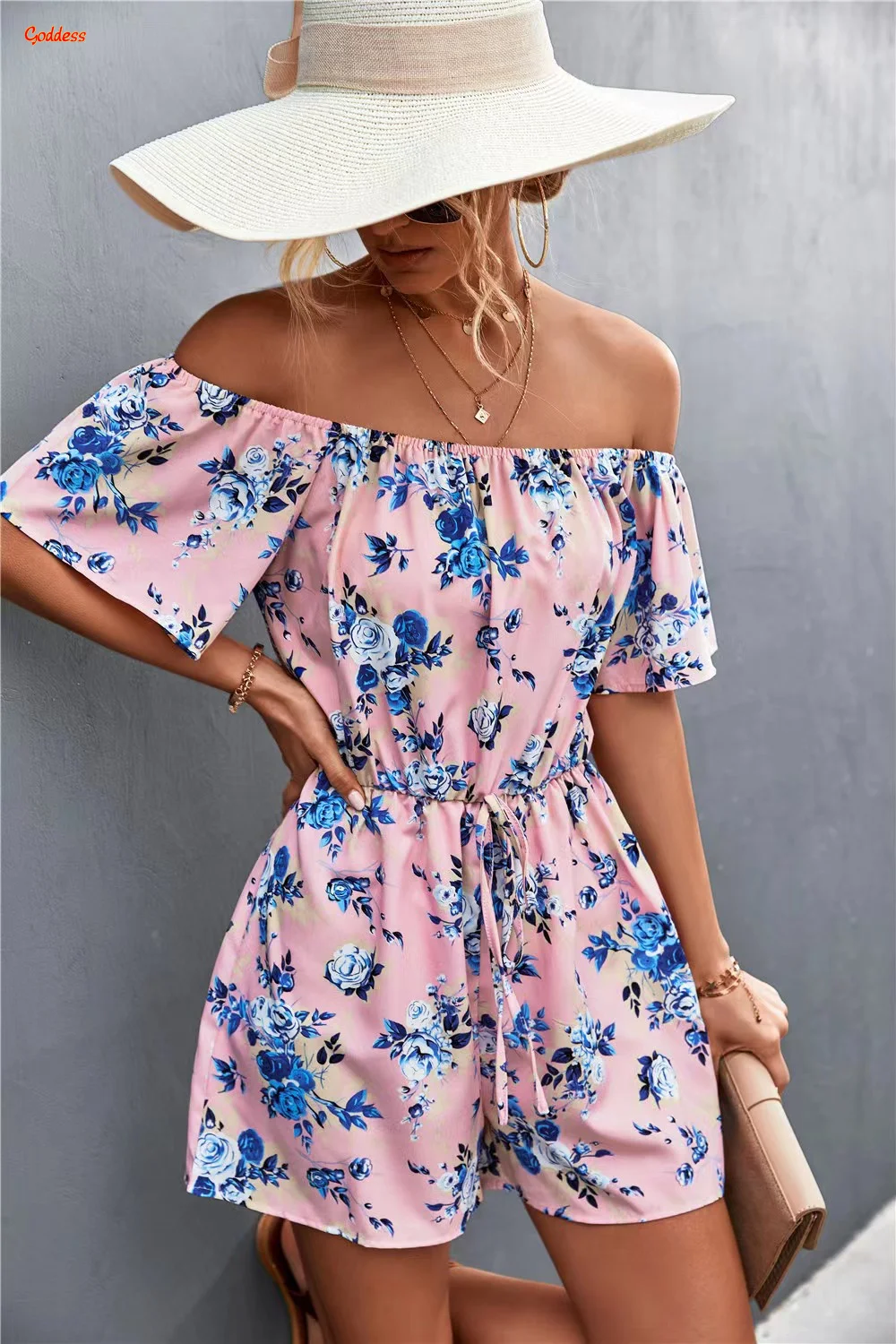 GODDESS Summer Ladies Print Off Shoulder Short Sleeve Jumpsuit Sexy Print Lace Up Women Jumpsuit Fashion Sweet Ladies Clothes