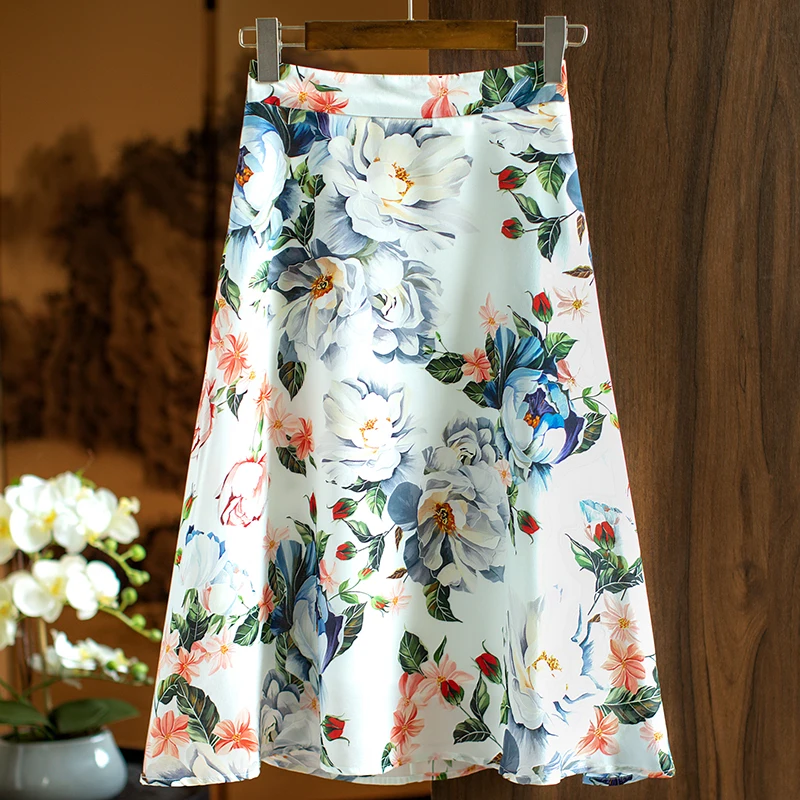 

100% Real Silk Women's Elegant Skirt A-line Long Skirts For Women Fashion 2023 Spring Summer Woman Floral Print Mid-length Skirt