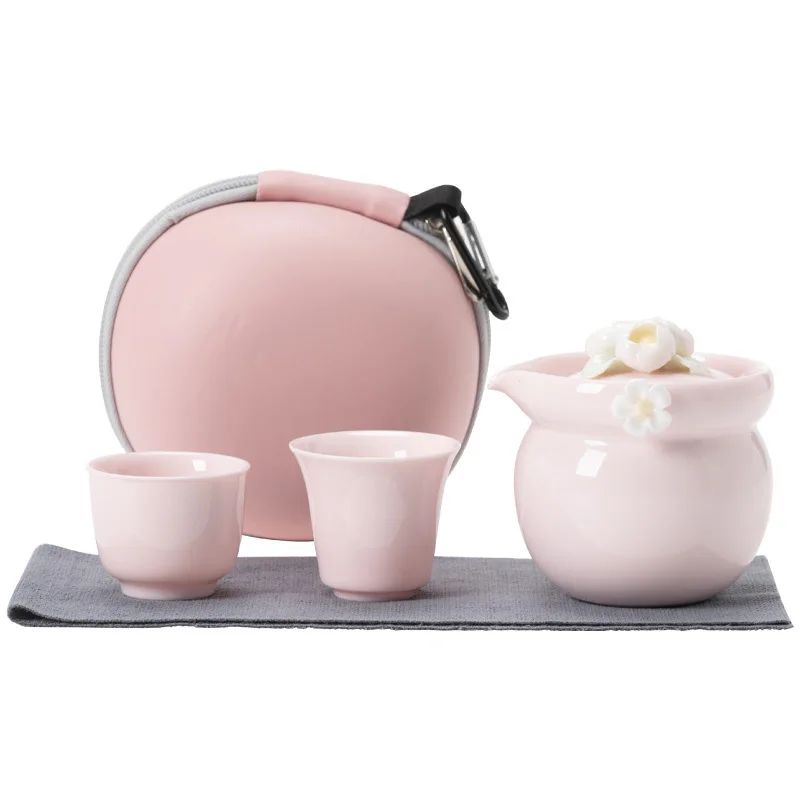

Новый китайский керамический чайный набор с розовыми цветами, дорожная уличная Портативная сумка для хранения в кемпинге, чайник, чайная чашка