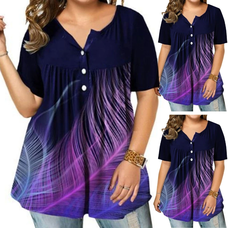 

Women Plus Size Short Sleeve T-Shirt Gradient Feather Print Button Pleated Tops T8NB