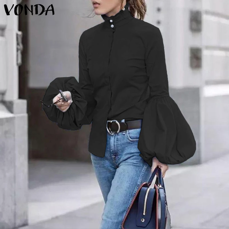 

VONDA Stylish 2022 Women Blouse Buttons High Waist Tunic Blusas Oversized Fashion Casual Long Lantern Sleeve Solid Chemise Tops