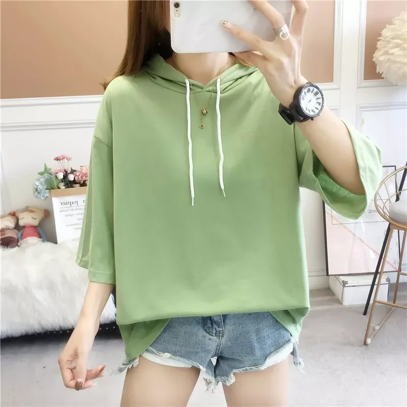 

2022NEW solid Loose basic hooded t shirt summer cotton Short Sleeve T-shirts Women casual white tops tshirt young girl streetwea